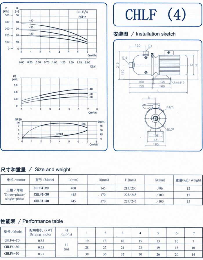 CHLF輕型立式不銹鋼多級離心泵安裝圖、尺寸、性能